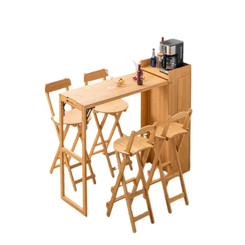 Solid wood foldable bar table, household small apartment retractable living room high table, rattan balcony dining table free