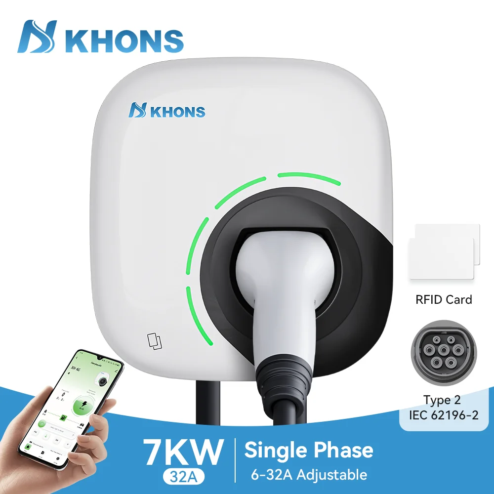 Khons Type2 EV-laadstation 7kW EV-lader 32A 1-fase wandlader elektrische voertuig laadstation IEC62196 met app-bediening