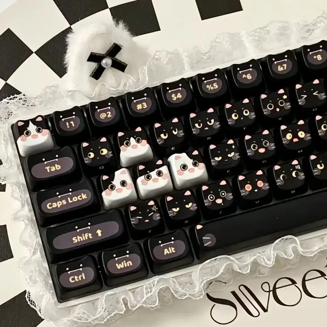 

145 keys Set Black Cat Keycaps PBT Dye Cute Kitten Gift Keyboard Cap MAO Profile Customization Key Cap for Mechanical Keyboard