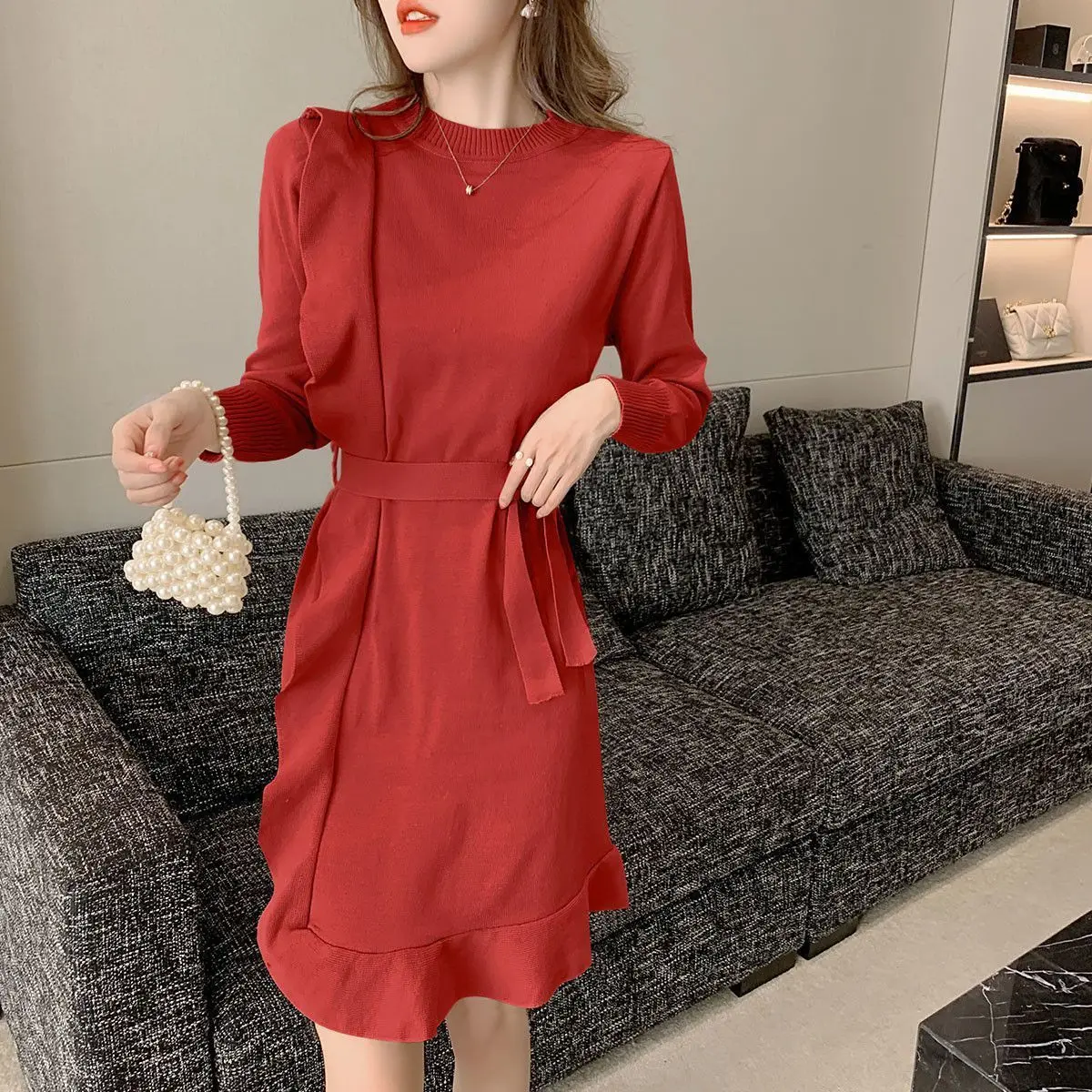 Midi Knitted Dresses Ladies Sexy Bodycon Maxi Sweater Dress Woman High Quality Autumn Winter 2024 Vintage Long Sleeve Korean