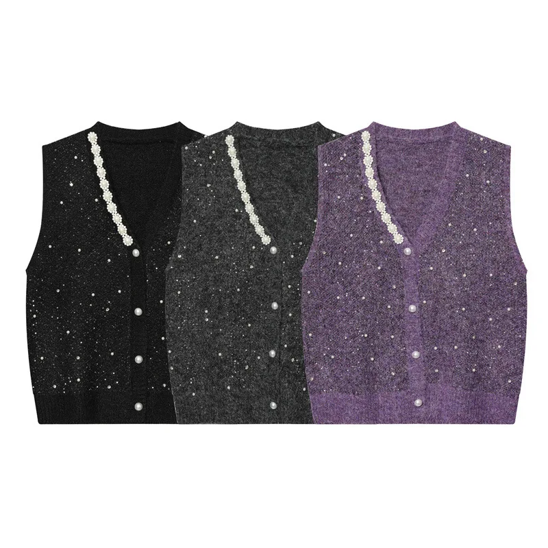 Spring New Women's Clothing Fashion Casual Versatile V-neck Beaded Vest