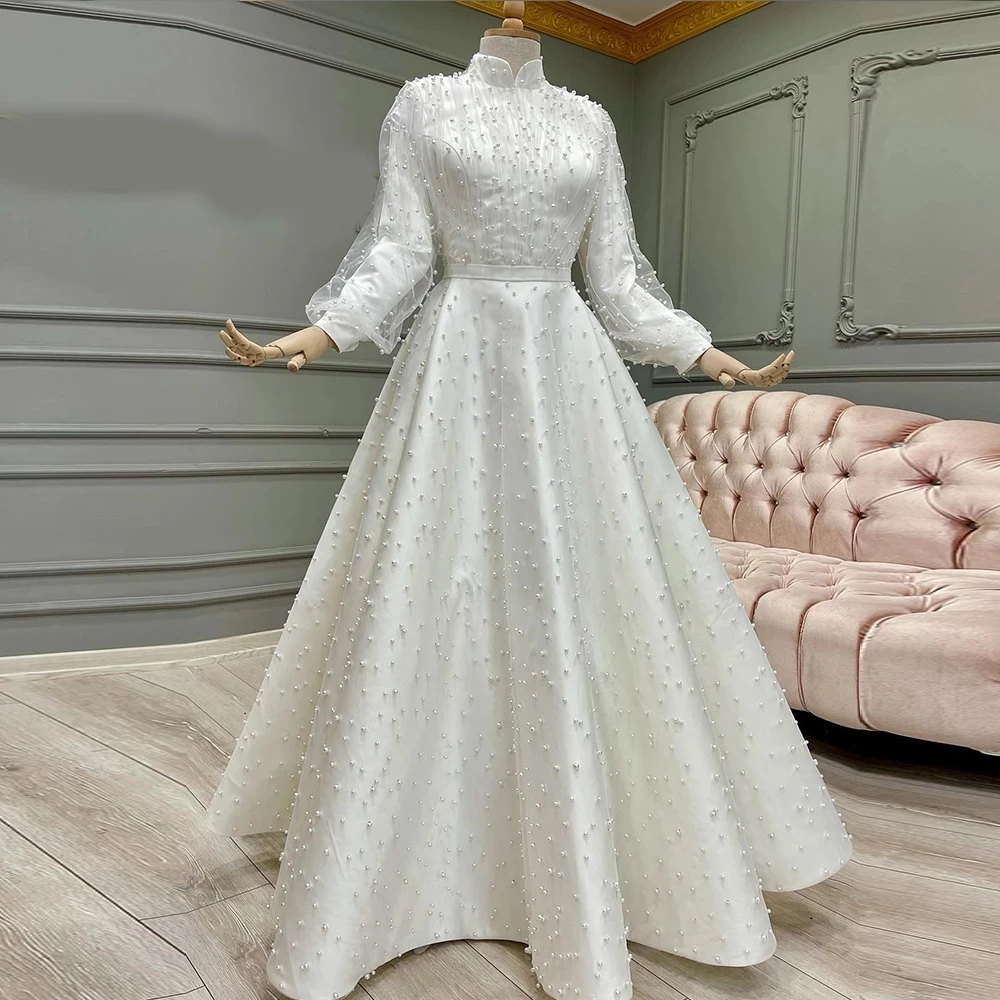 

Chic Muslim Wedding Dresses for Women 2023 Pearls Long Sleeves Wedding Gowns Covered Back Elegant Bride Dress vestidos de novia