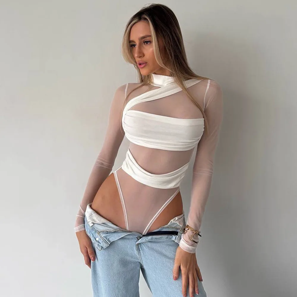 Sexy European And American Cross-Border Netting Slimming Monokini Pure Color Wrap Design Sensual See-Through Bodysuit