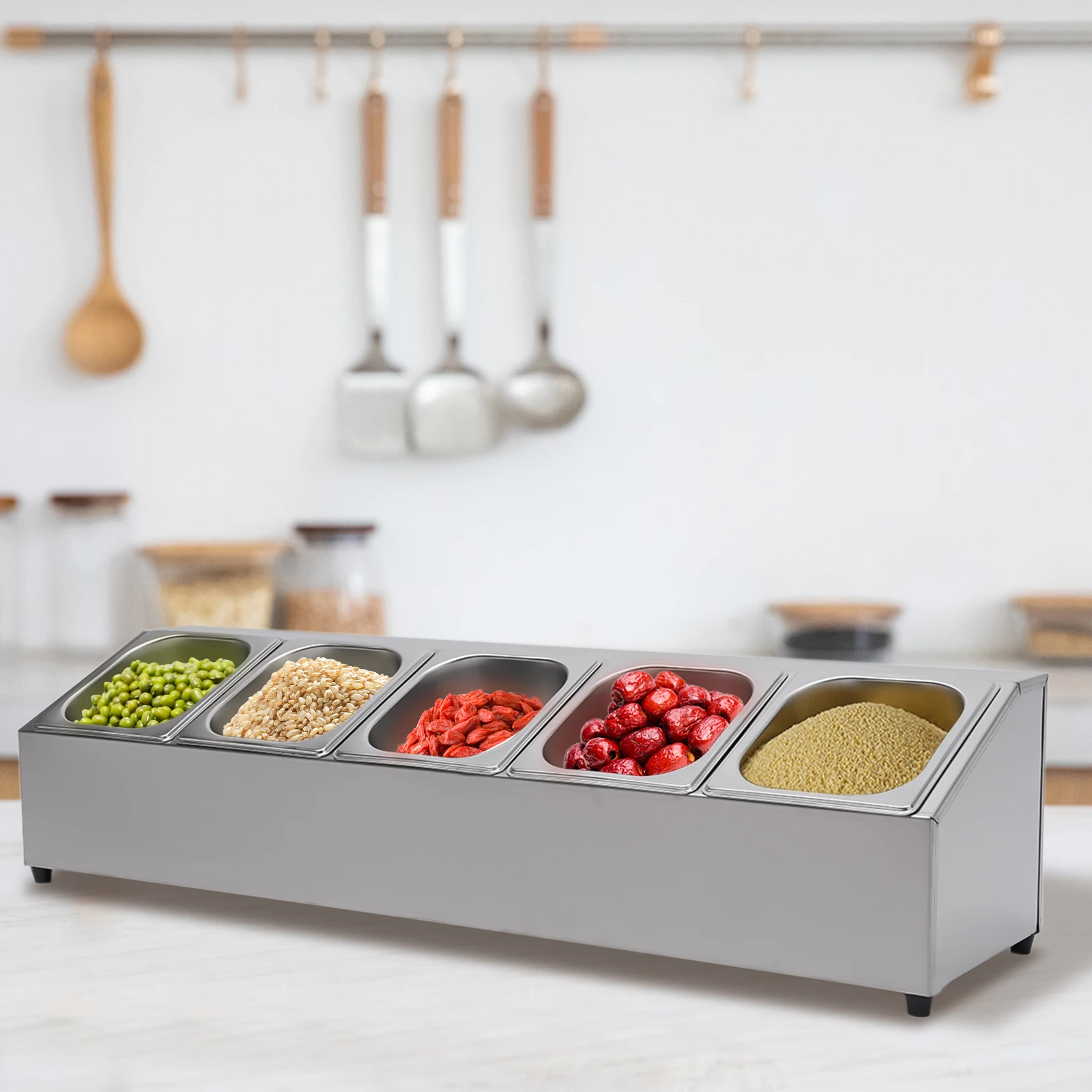 

5PCS 201 Stainless Steel Spice Rack, Detachable Food Containers with Lids, Anti-slip Feet for Kitchen/Restaurant/Hot Pot Shop