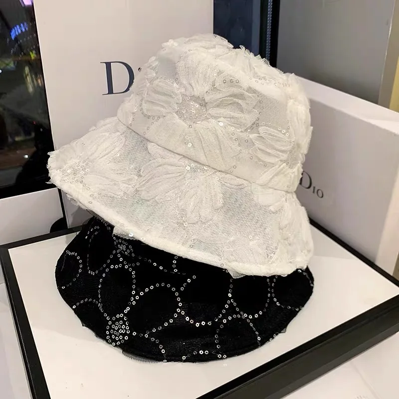 Ladies Temperament Lace Flowers Fisherman Hat Mesh Breathable Sun Hat Outdoor Sunscreen Sun Cap Shopping Leisure Basin Cap