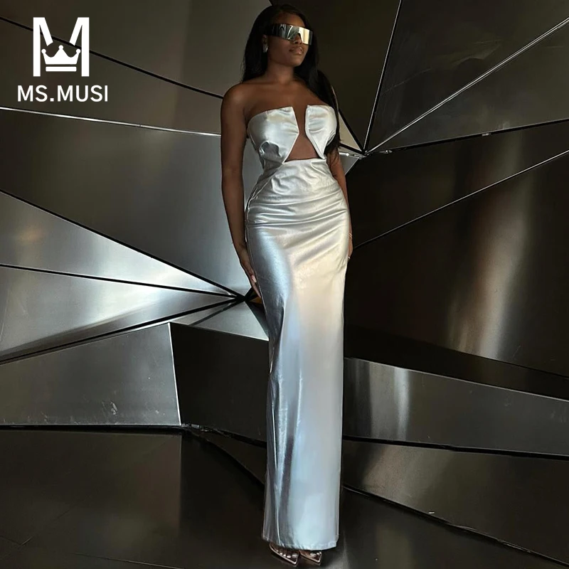

MSMUSI 2024 New Fashion Women Sexy Satin Strapless Hollow Out Sleeveless Backless Bodycon Party Club Maxi Dress Long Dress Gown