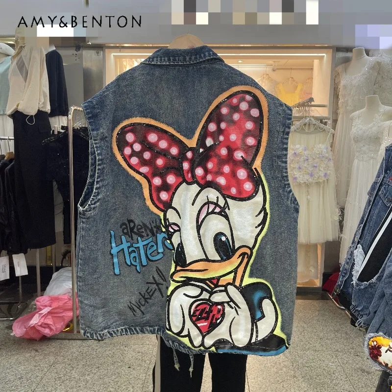 

Women's Loose Denim Vest Jacket 2026 Spring Trendy Brand Cartoon Sequin Design Raw Edge Sleeveless Casual Waistcoat Outerwear