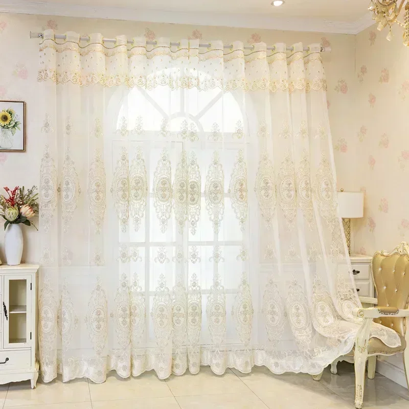 Luxury 3D Floral Embossed Curtains for Living Room Bedroom Decor Blackout Double Layer Sheer Pearl Embroidered Lace Tulle Custom