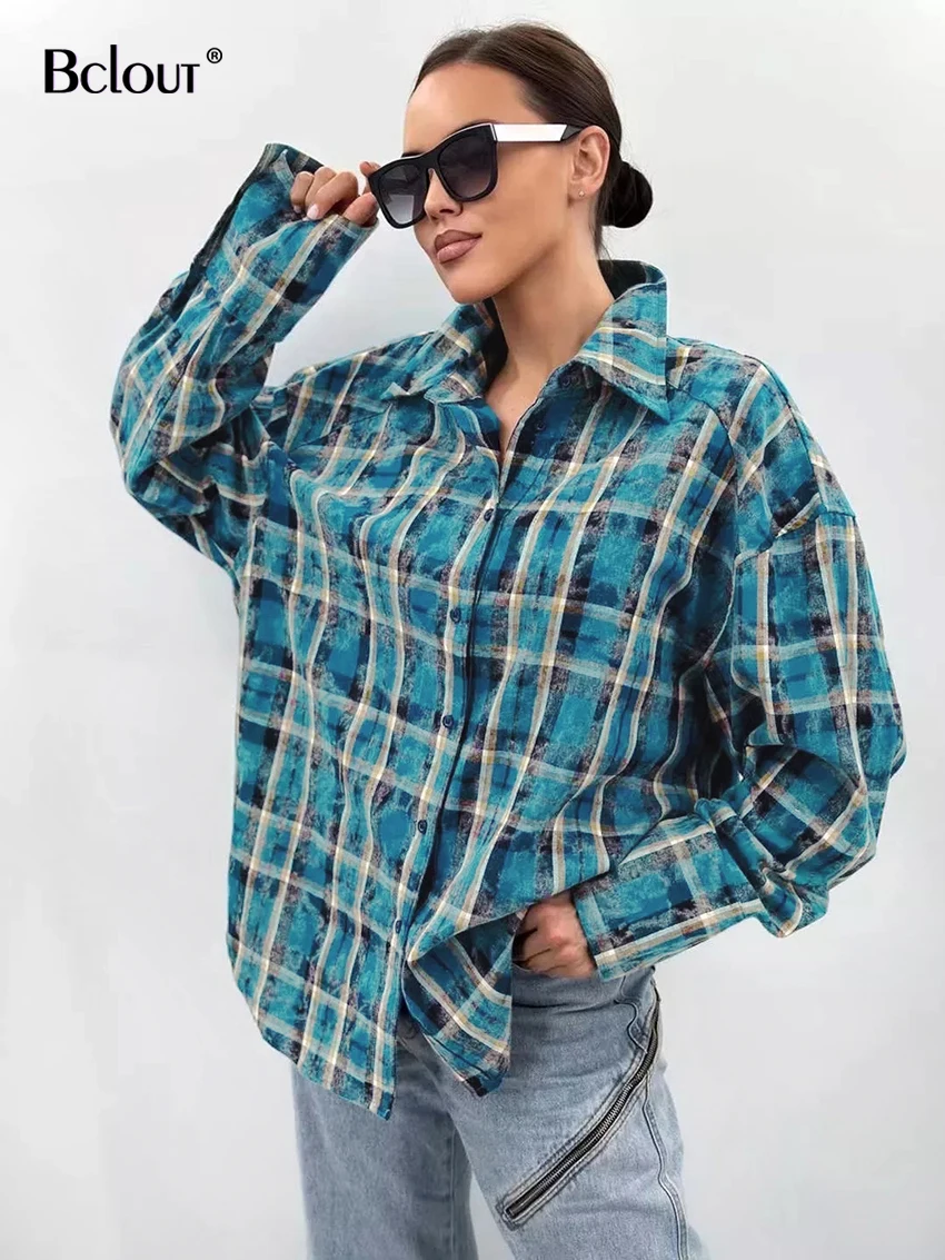 Bclout Casual Blue Plaid Shirts Blouses Women 2024 Street Cotton Long Sleeve Loose Shirts Fashion Single Breasted Blouses Coats