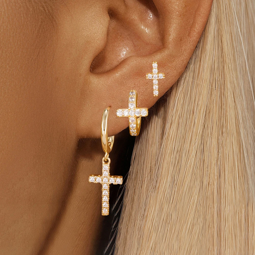 3PCS Luxury Cross Zircon Pendant Earrings Sets For Women 14K