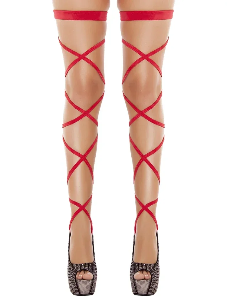 Sexy Women Bandage Fishnet Stockings Thigh-High Studded Thigh High Leg Rave Wraps Strappy Tights