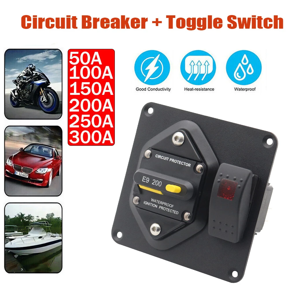 50A 100A 150A 200A 250A Boat Circuit Breaker Panel With Red LED Backlit Single Lamp Boat Rocker Switch For RV Boat Accessories