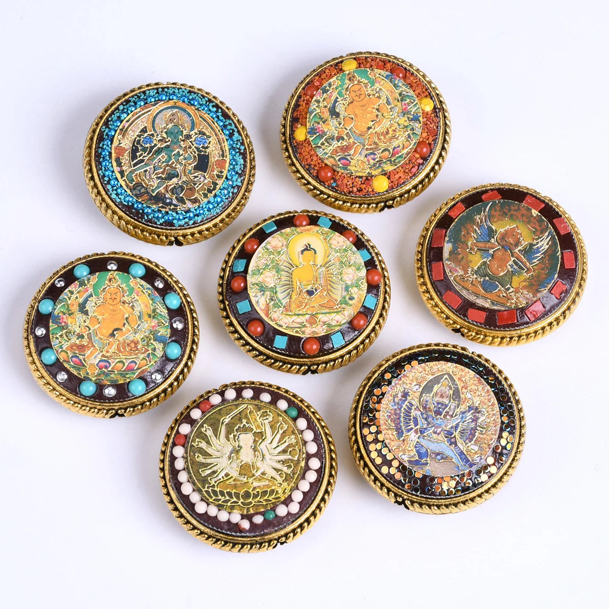 Nepalese Buddhist Handmade Flat Round Double-side 30mm Tibetan Brass Metal & Clay Loose Craft Beads for Jewelry Making DIY