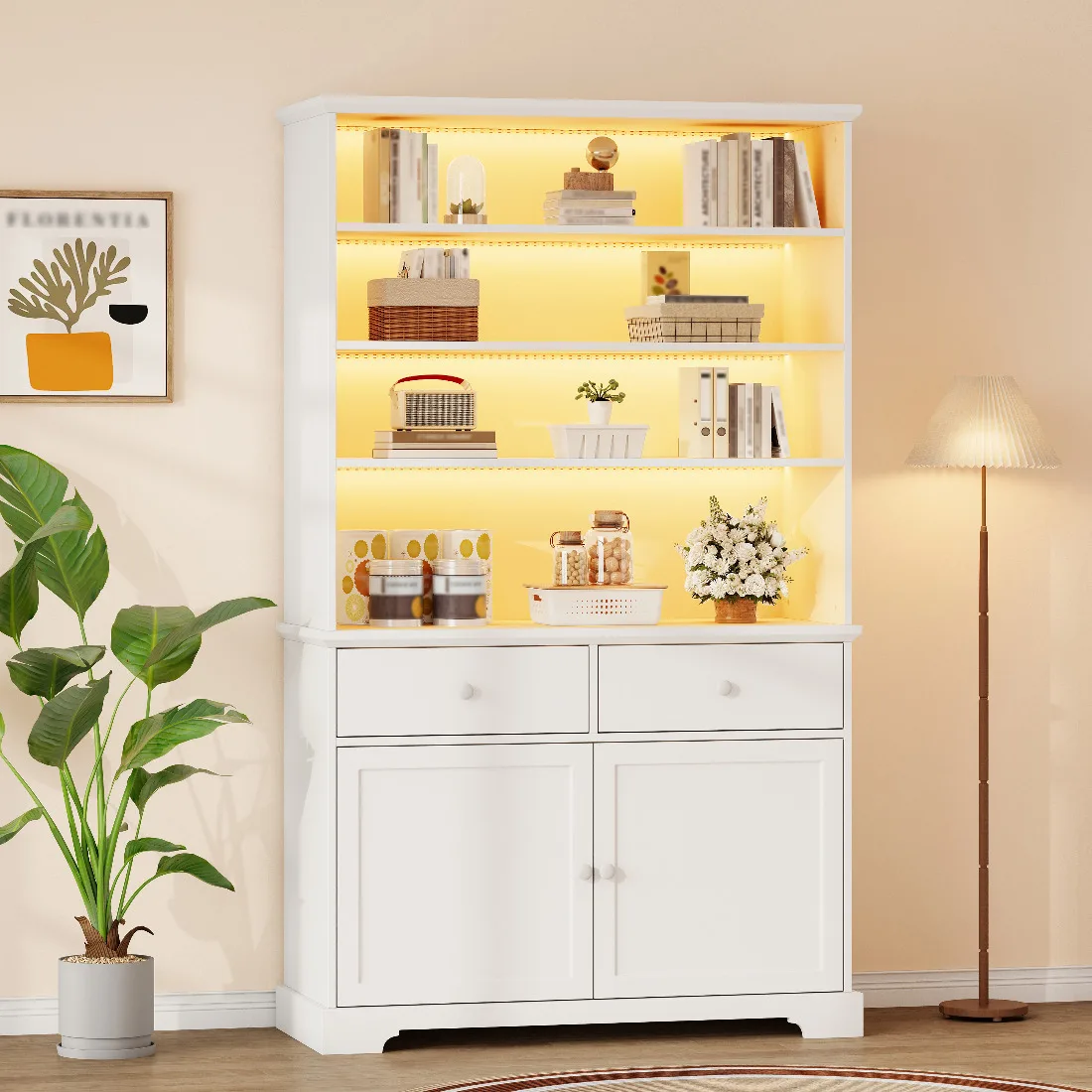 Vitrine blanche 100x38x170cm – Vitrine sur pied avec 2 portes vitrées et éclairage LED – Rangement multifonctionnel avec 2 tiroirs – Bibliothèque et vitrine spacieuses pour salon – MDF robuste, étagères réglables – Montage facile, design moderne