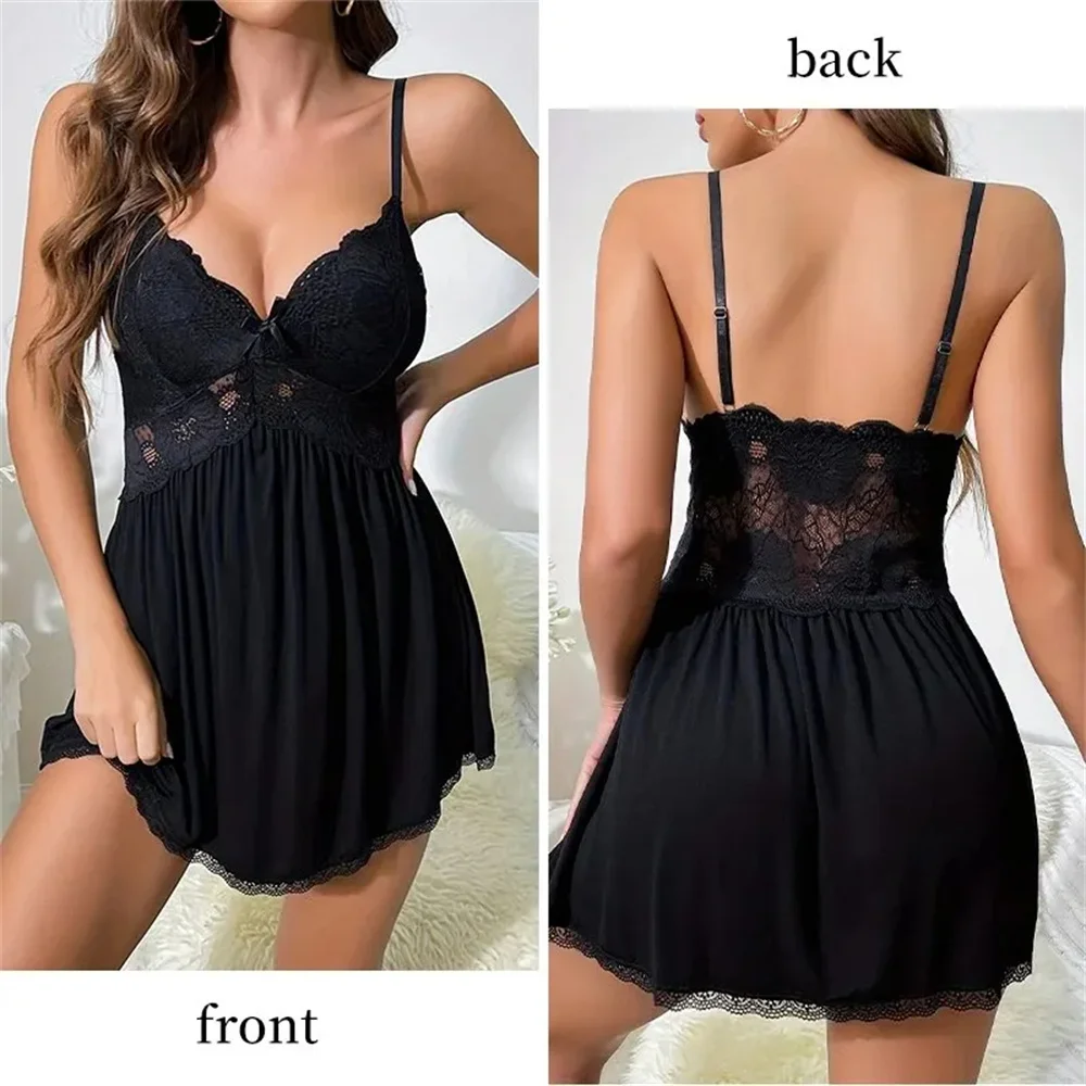 Hot Selling Women\'s Summer V-Neck Contrasting Strap Dress With Lace Patchwork Pajama Dress Set High End Quality Pajamas ﻿