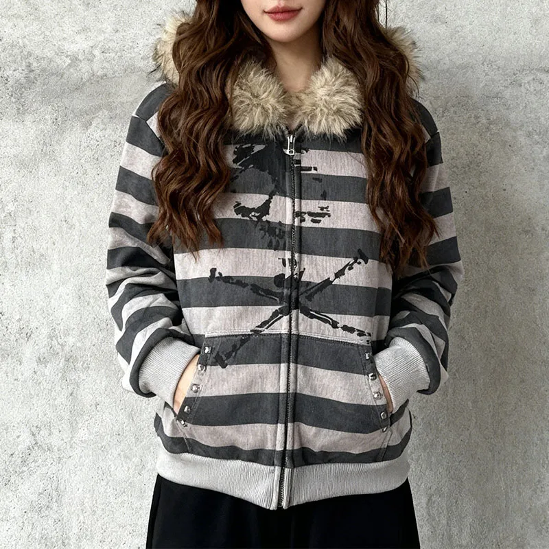 Autumn Winter Striped Color Matching Skull Printing Gothic Plush Brim Warm Hoodie Street Hip Hop Punk Cardigan Women Casual Coat