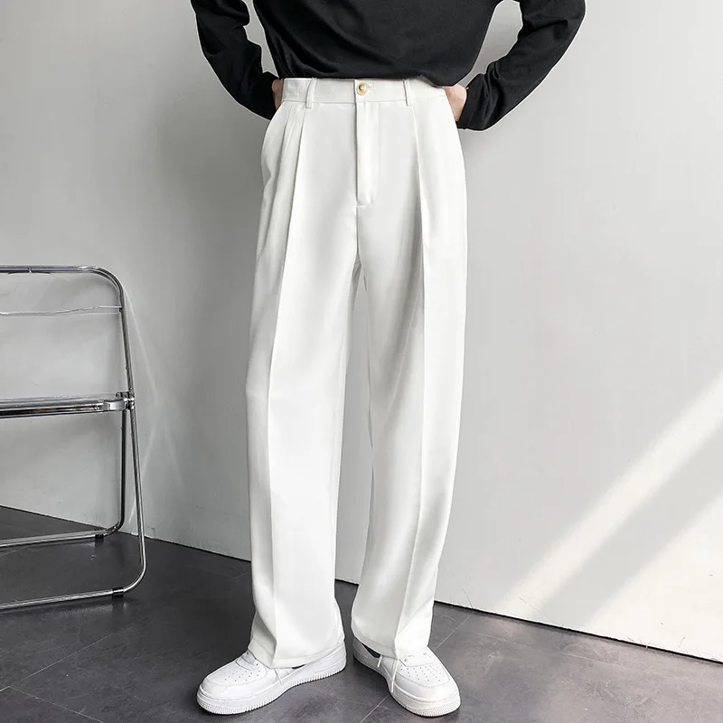 

2024 New Men White Straight Pants Fashion Korean Loose Suit Trousers Casual Draped Baggy White Wide Pant Male Streetwear