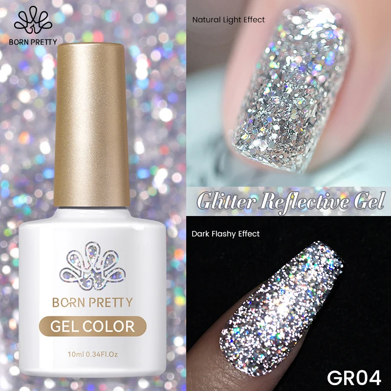 BORN PRETTY Silver Glitter Reflective Gel Nail Polish 10ml Sparkle Sequins Gel Polish Soak Off UV Nail Gel Semi-permanent