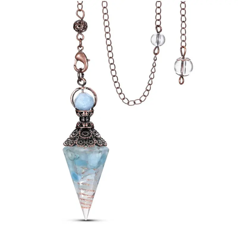 Pendules en cristal d'aigue-marine en résine pour la radiesthésie, cône pointu hexagonal, puce naturelle, pendules spirituels veritable de charbon, pendentif pierre naturelle pendule radiesthésie divinatoire X100