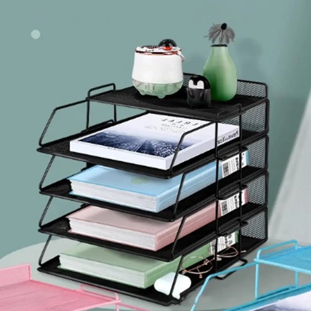 

4 Layers Storage Rack A4 Paper Storage Tray Metal Mesh Office Storage Rack Pen Holder File Stand Desktop Vertical Space Saver