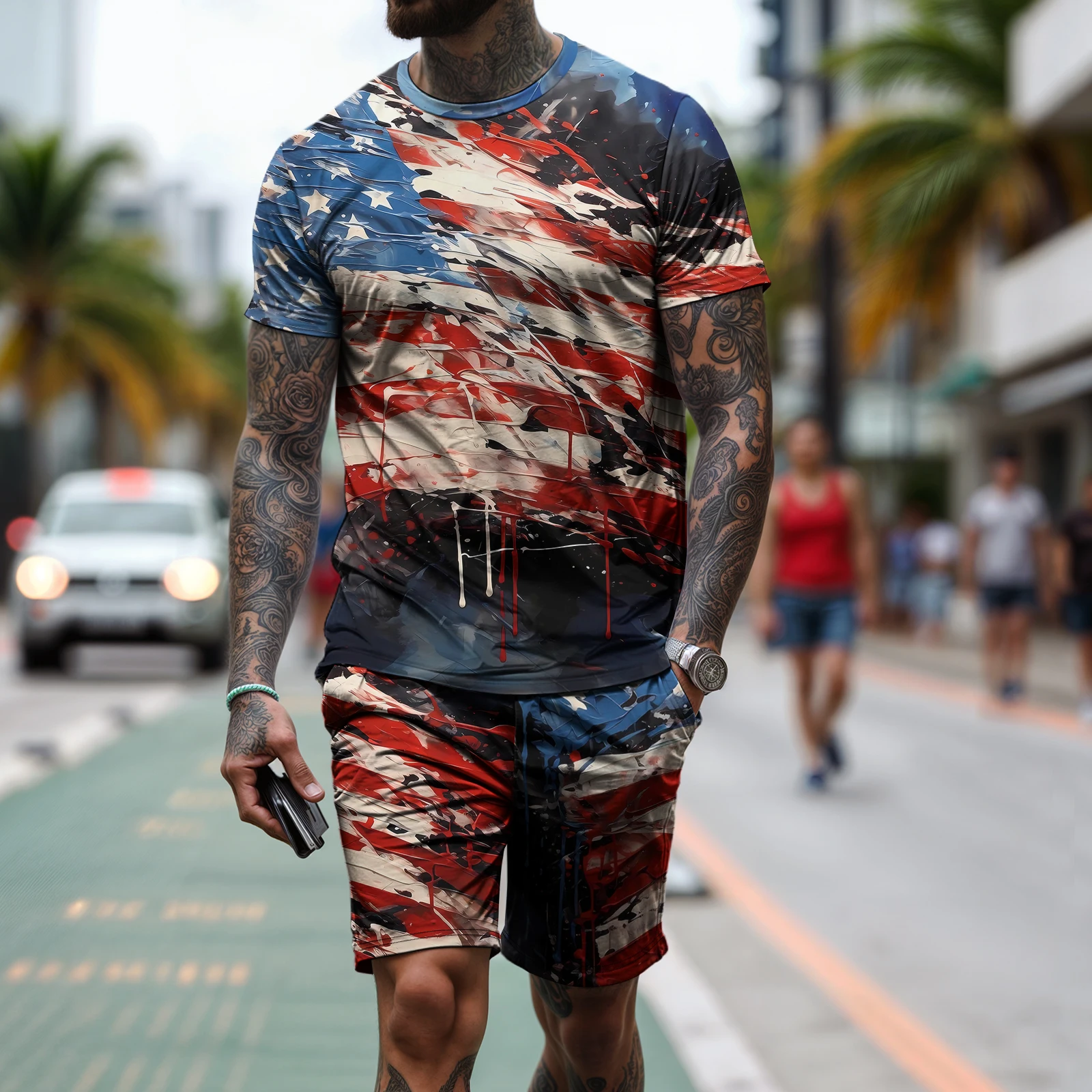 

Independence Day Fashion Summer Outdoor Sports Suit Mens Breathable T-Shirt USA Man Shorts Casual American Flag Two-Piece Set 20