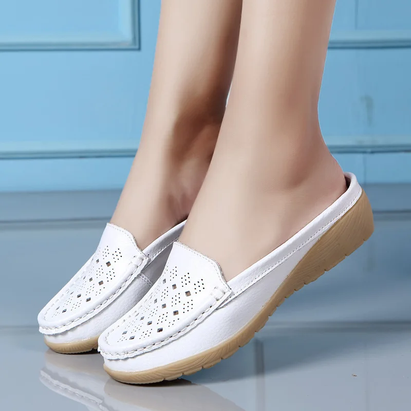 Summer Genuine Leather Women Flats Hollow Slip On Leather Loafers Ladies Shoes Korean Style Soft Moccasins Half Slippers Size 43