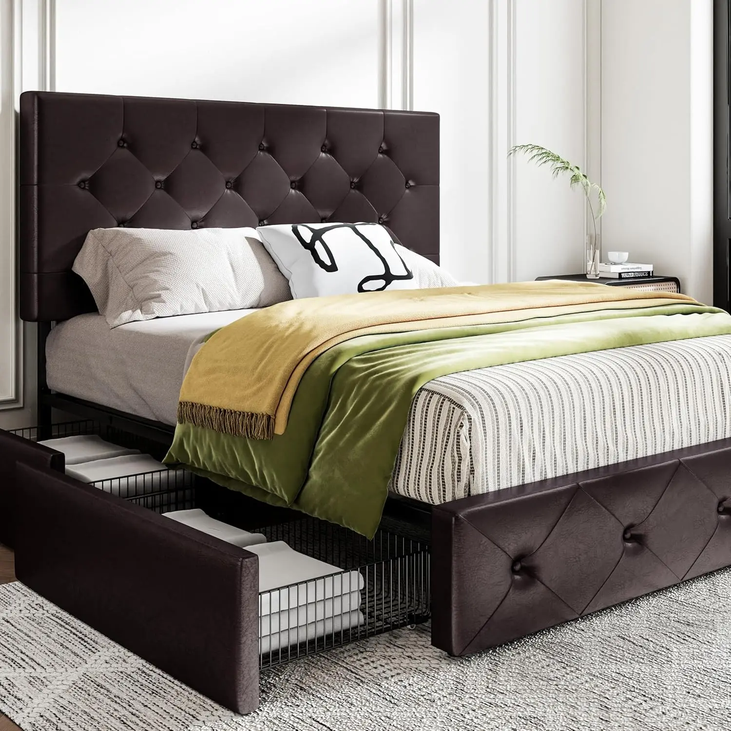 King Size Bed Frame with 4 Storage Drawers, Upholstered Platform Bed with Button Tufted Adjustable Headboard