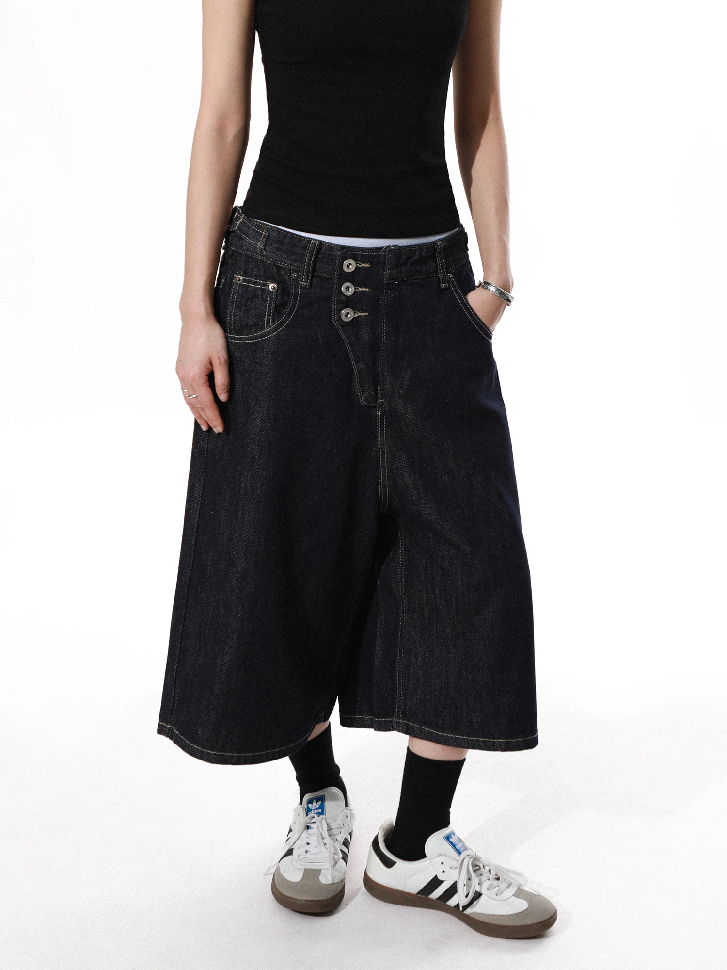 MRNEARLY Calças Jeans Americanas Retrô Cor Original Soltas Casuais com Botões Perna Larga Unissex Calças Capri em Mistura de ...