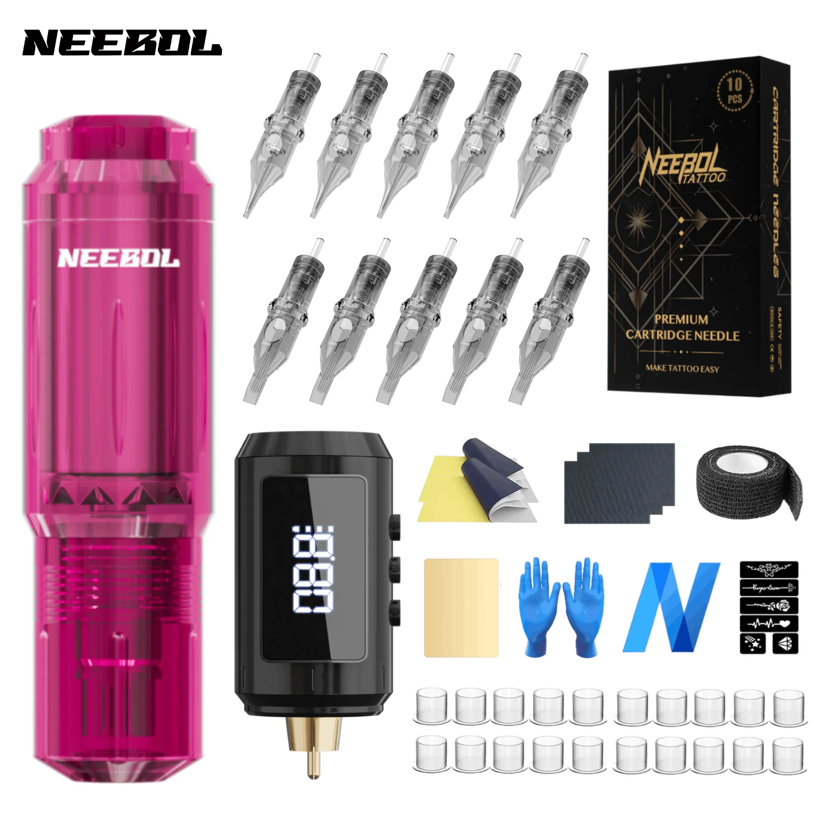 

Neebol Wireless Tattoo Kit Complete Tattoo Machine with 1600mAh LED Cordless Tattoo Power Supply Tattoo holiday gift