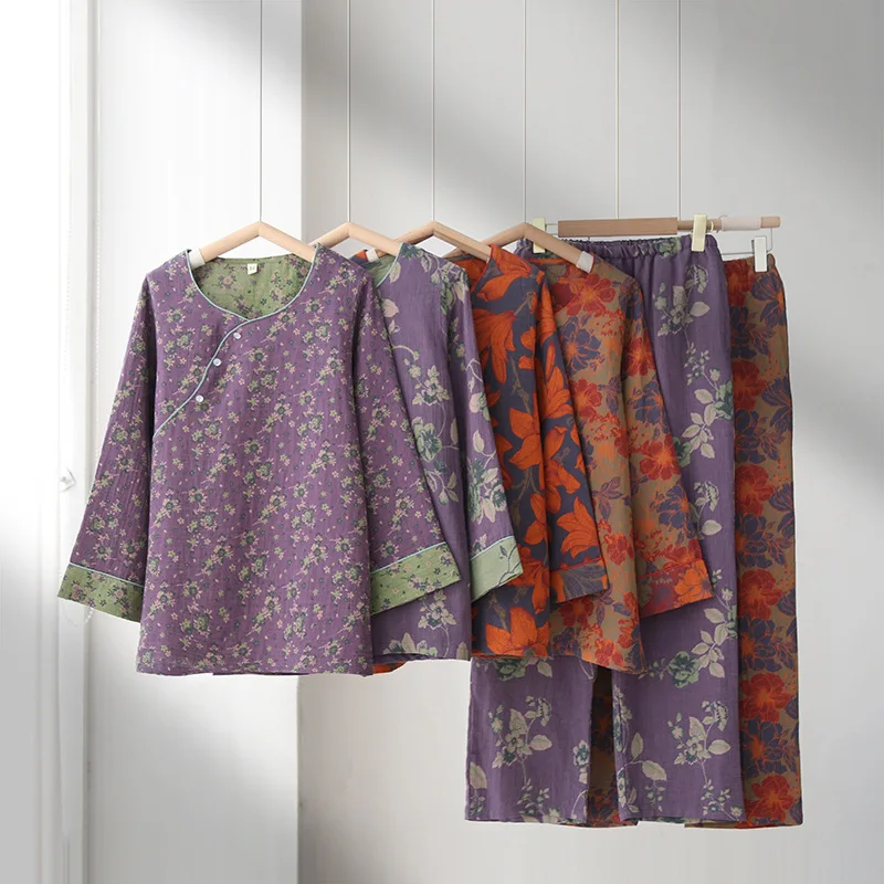 

Женский комплект одежды для сна, хлопковые пижамы для женщин, осенние новые пижамы с длинными рукавами и цветочным принтом Femme 2024, ночная рубашка, костюм для дома