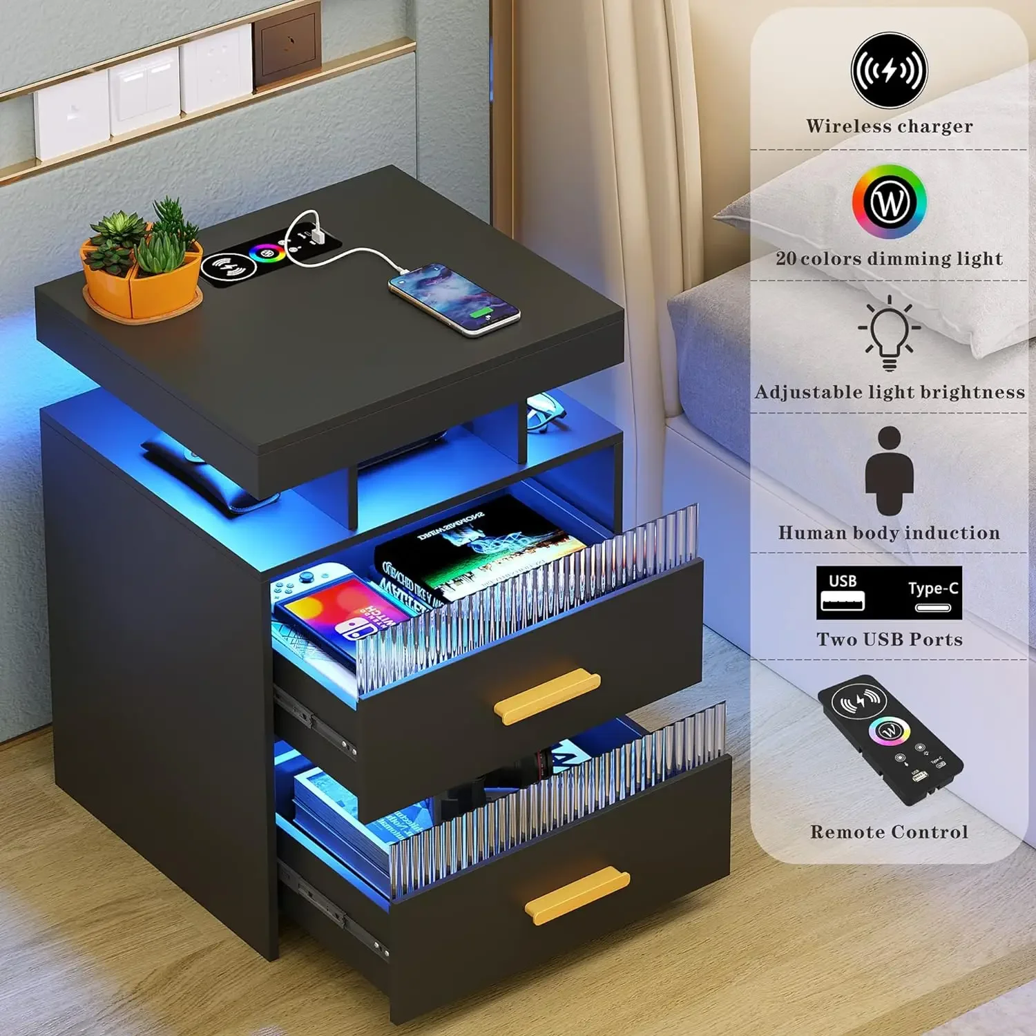 Black Nightstand with Charging Station: LED Bedside Table with 2 Drawer & Open Storage Shelf Smart End Table with Human Sensor