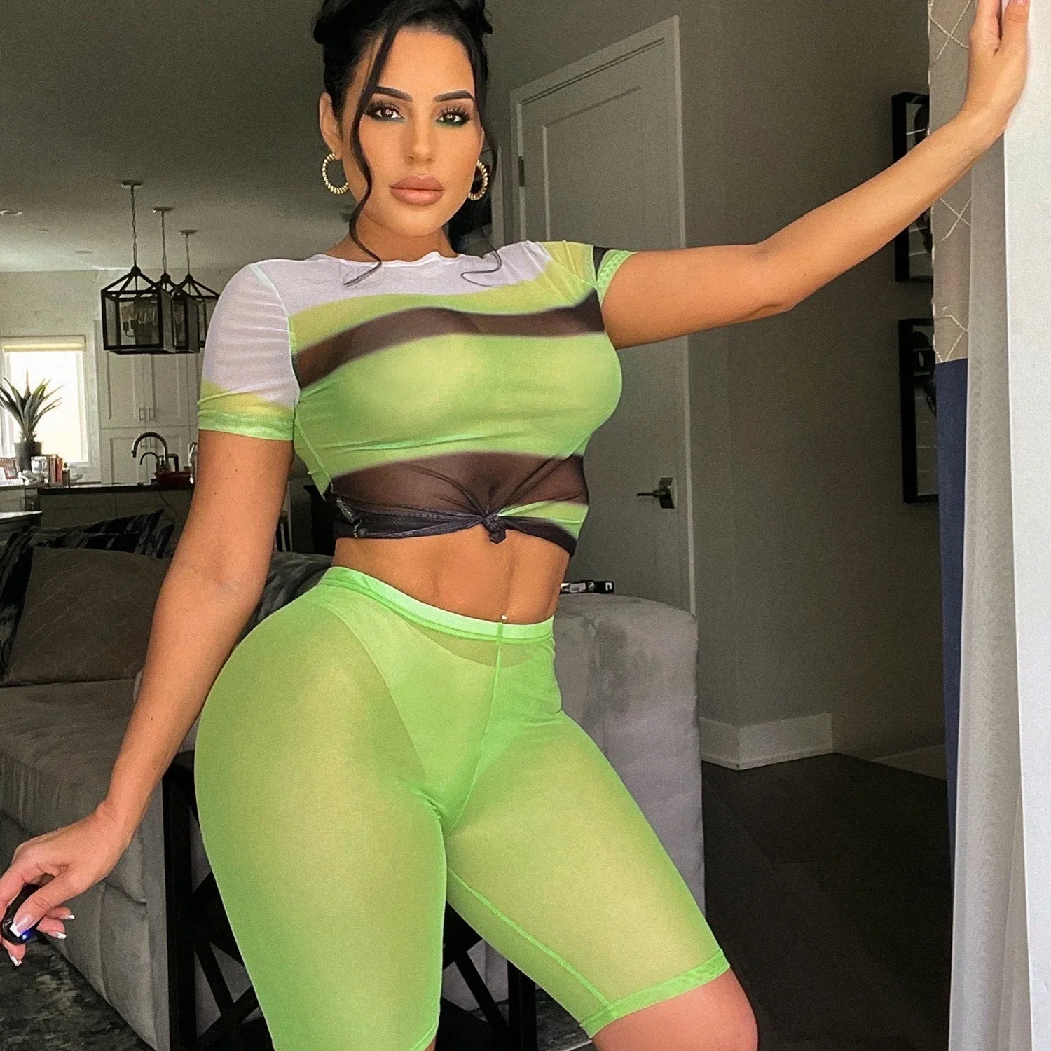 

Summer women's clothing sexy tight mesh printing short-sleeved two-piece set femininity slim and thin exaggerated clothing new p