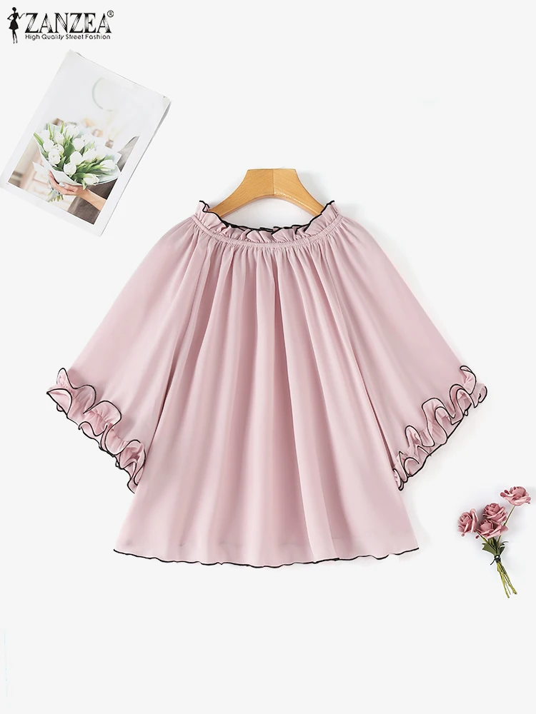 

ZANZEA 2025 Autumn Women Bat Sleeve Party Blouse Korean Ruffle Patchwork Tops Chic Elastic Round Neck Loose Tunic Casual Blusas