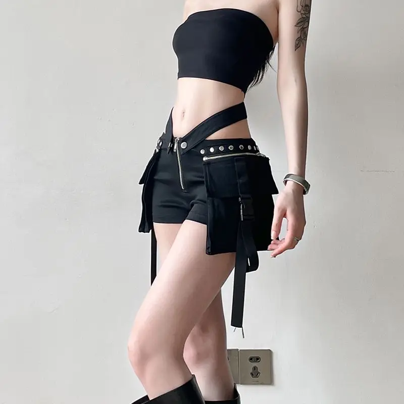 2024 New Model Zipper Pocket Women'S Punk Low-Slung Shorts Detachable Belt Pockets Handsome Sexy Female Denim Short Pants Summer