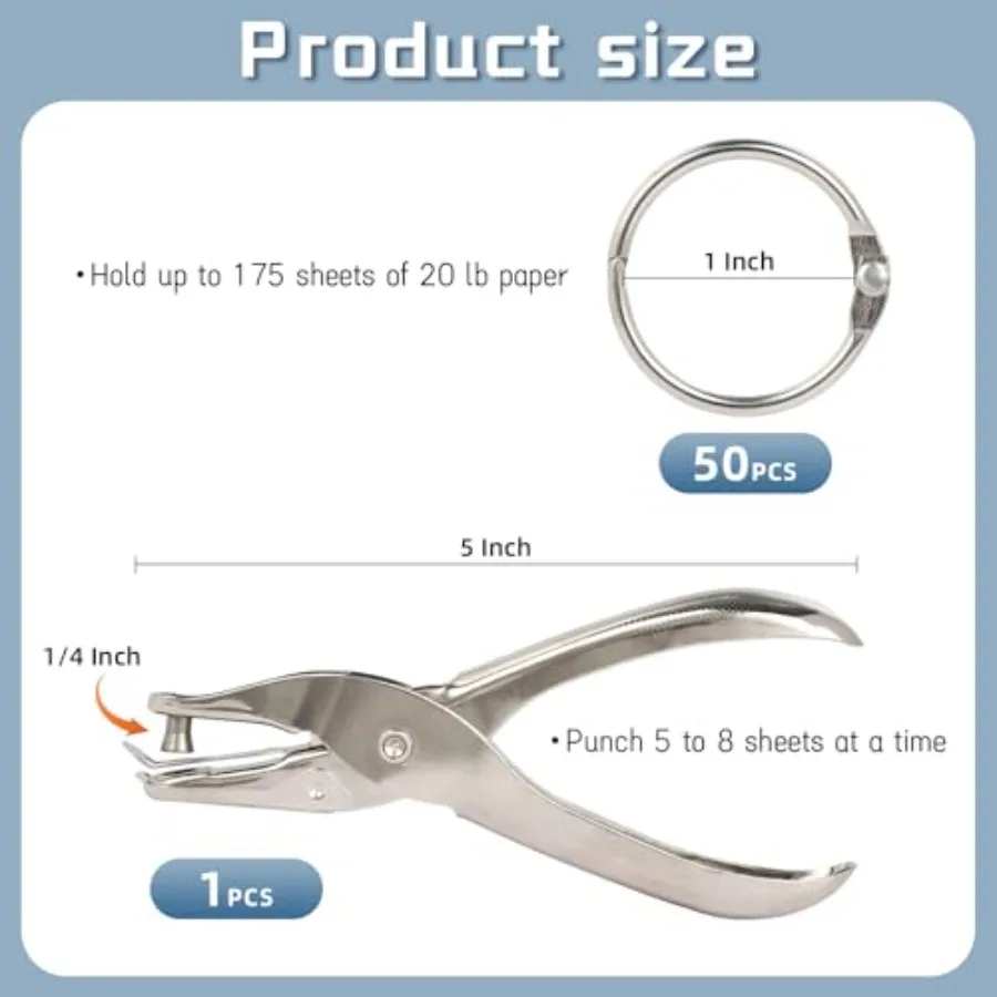 50 anéis de livro dos pces com 1 pacote de metal único furo perfurador 1 Polegada anéis de pasta de folhas soltas anel de pasta de aço niquelado para a escola