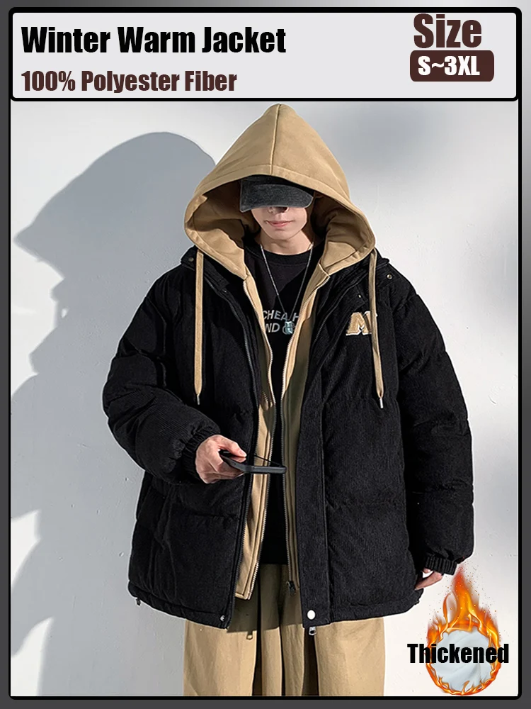 

Double Layered Cotton Coat 2025 New Men's Fashion Casual Hooded Jacket Outdoor Windproof Thickened Warm Jackets Solid Color Top