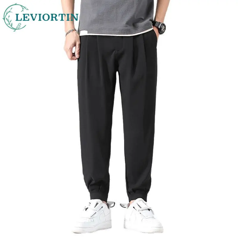 

2025: мужской летний молодежный модный тонкий костюм из ткани с драпировкой из ледяного шелка, однотонные, простые и универсальные повседневные укороченные брюки