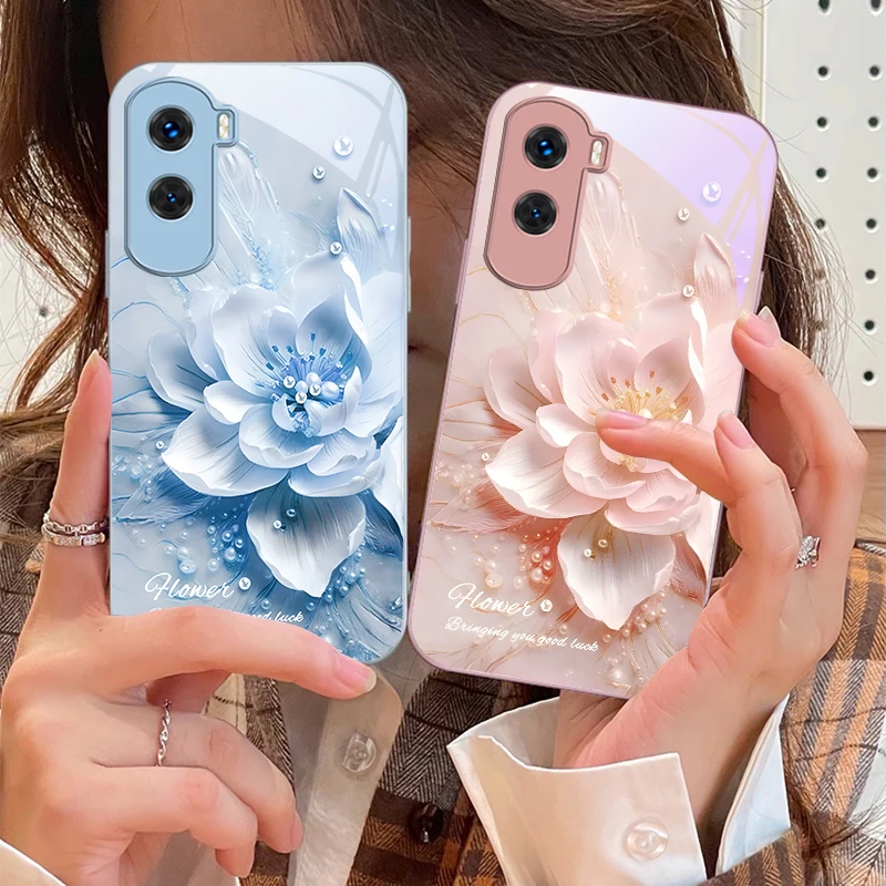 Lotus Tears Eyes Blue For Honor 200 90 8X 9X Pro Lite P50 P40 Nova 10 11i P60 Magic4 6 Mate 20 50 Tempered Glass Phone Case