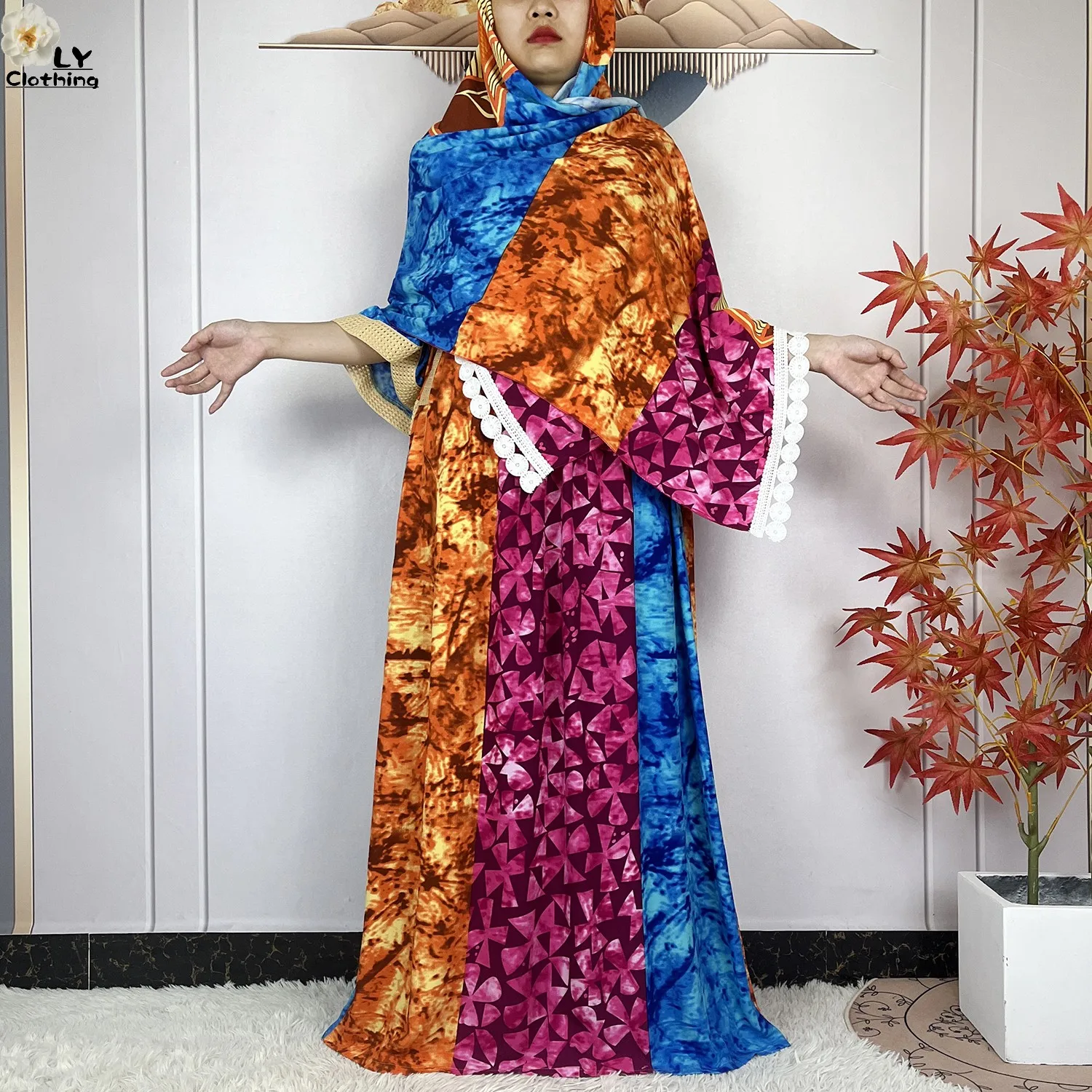 New Summer African Abaya High Quality Cotton Dress With Big Scarf 2024 Fashion Printing Loose Boubou Maxi Islam Women Clothes