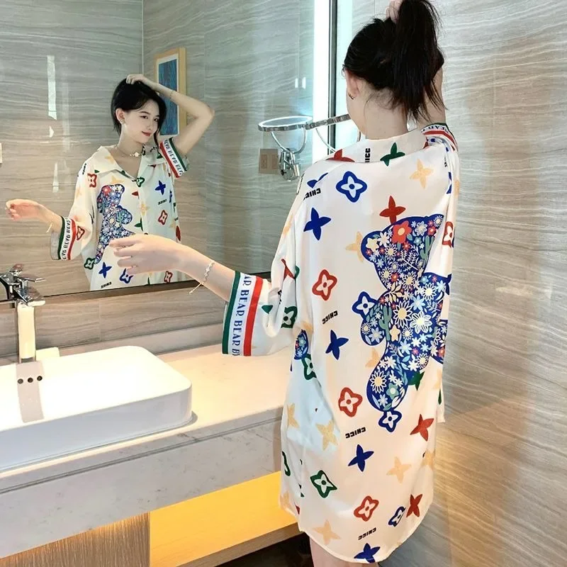 New Spring Extra-large Short Nightdress Women V-neck Loungewear French Thin Shirt Half Sleeve Pajamas Women Loose Homewear