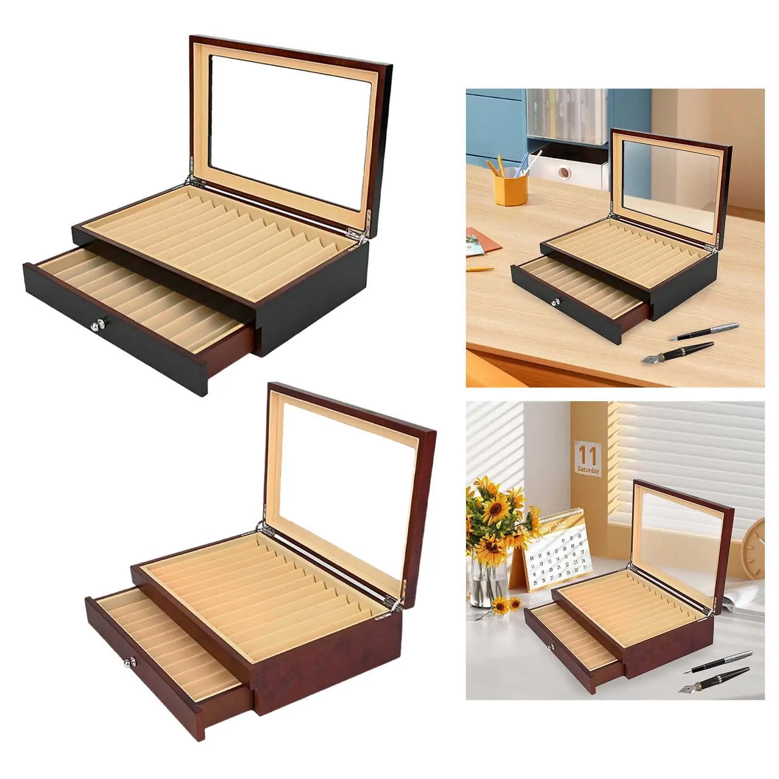 Wood Pen Storage Box 23 Slot Display Case with Transparent Glass Lid Double Layer Drawer for Fountain Pen Gift