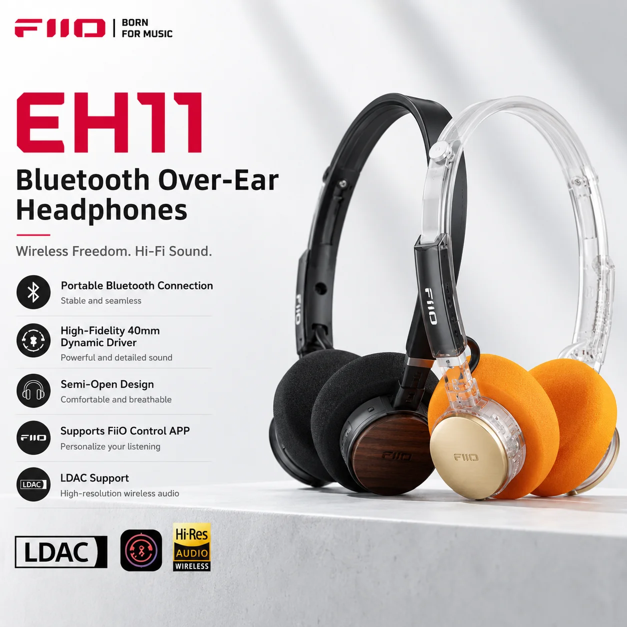 FiiO EH11 레트로 무선 블루투스 오버이어 헤드폰 40mm 대형 드라이버 기계식 컴팩트 쉘 오디오 애호가를 위한 음악 선물