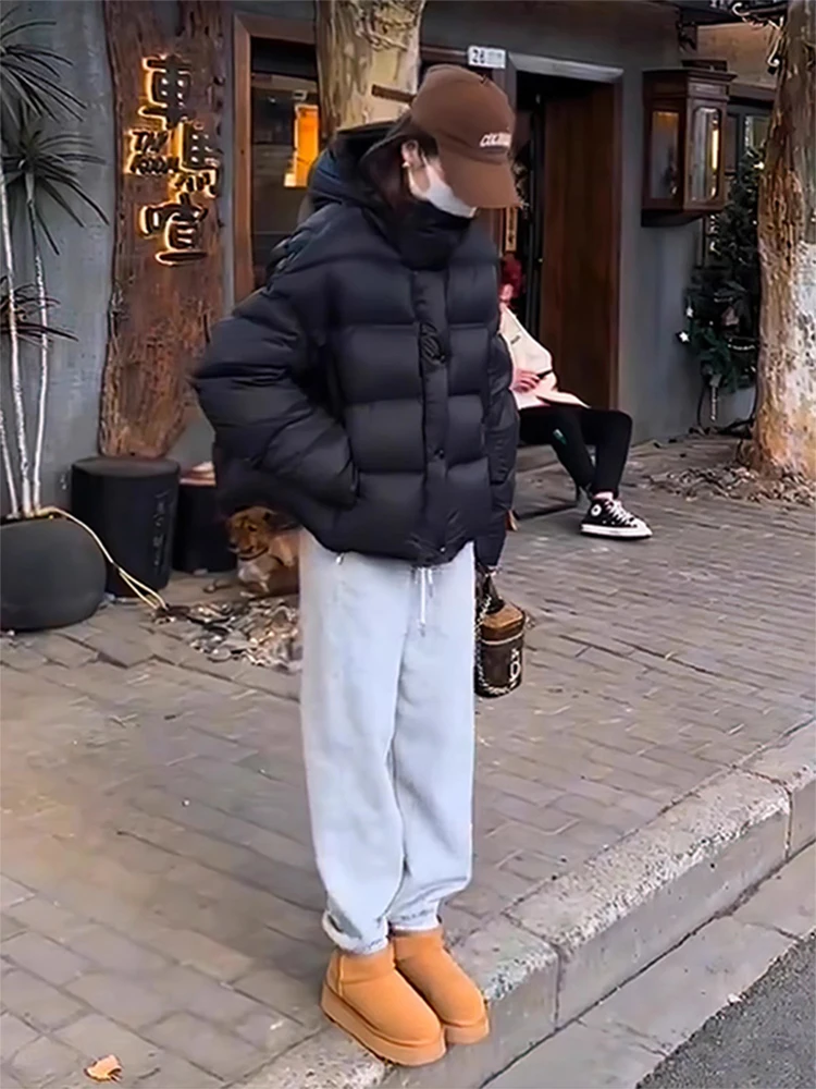 

Black Cotton Jacket Women's Short Thick Warm Winter Coat Korean Style Loose Fit with Hood Long Sleeve Zipper Closure Pure Color