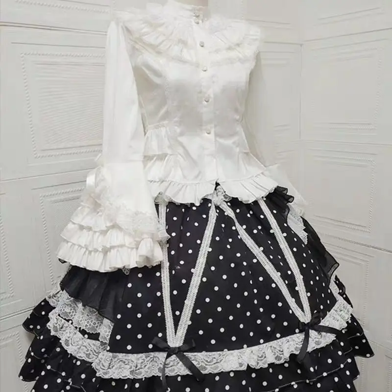 Onalippa Japanese Lolita Lace Interwoven Girlfire Shirt Lolita Versatile Gothic Style Black White Dark Series Blouse Top