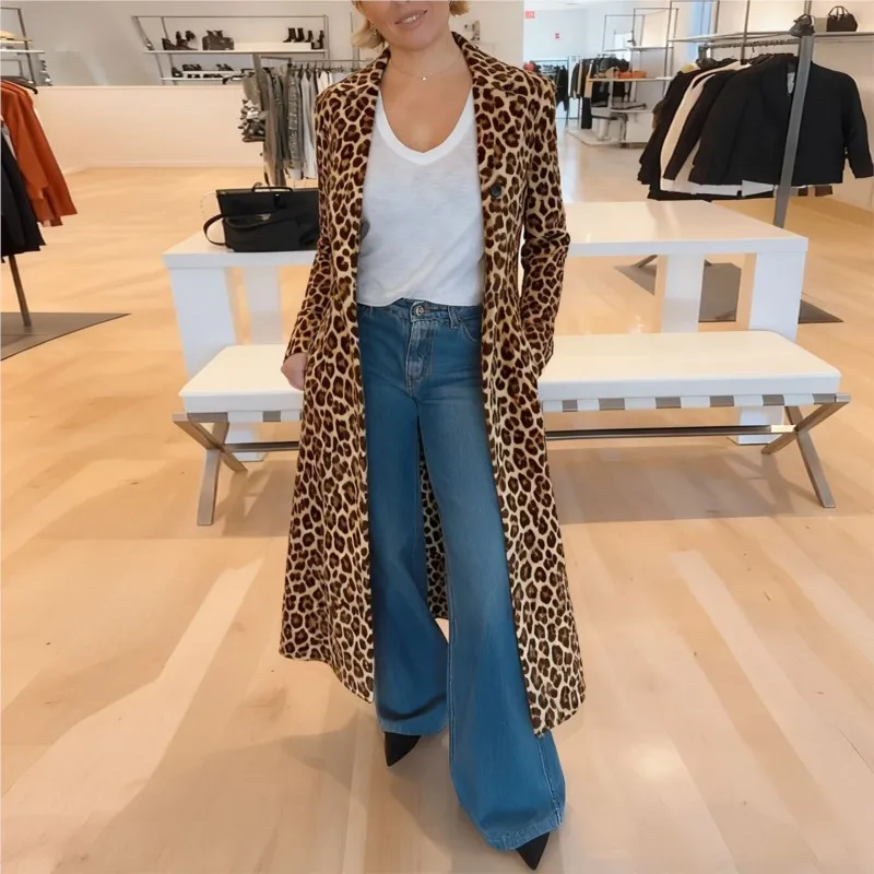 

Темпераментная уличная женская ветровка, новый модный кардиган с леопардовым принтом и лацканами, длинная ветровка, осенняя одежда для поездок на работу