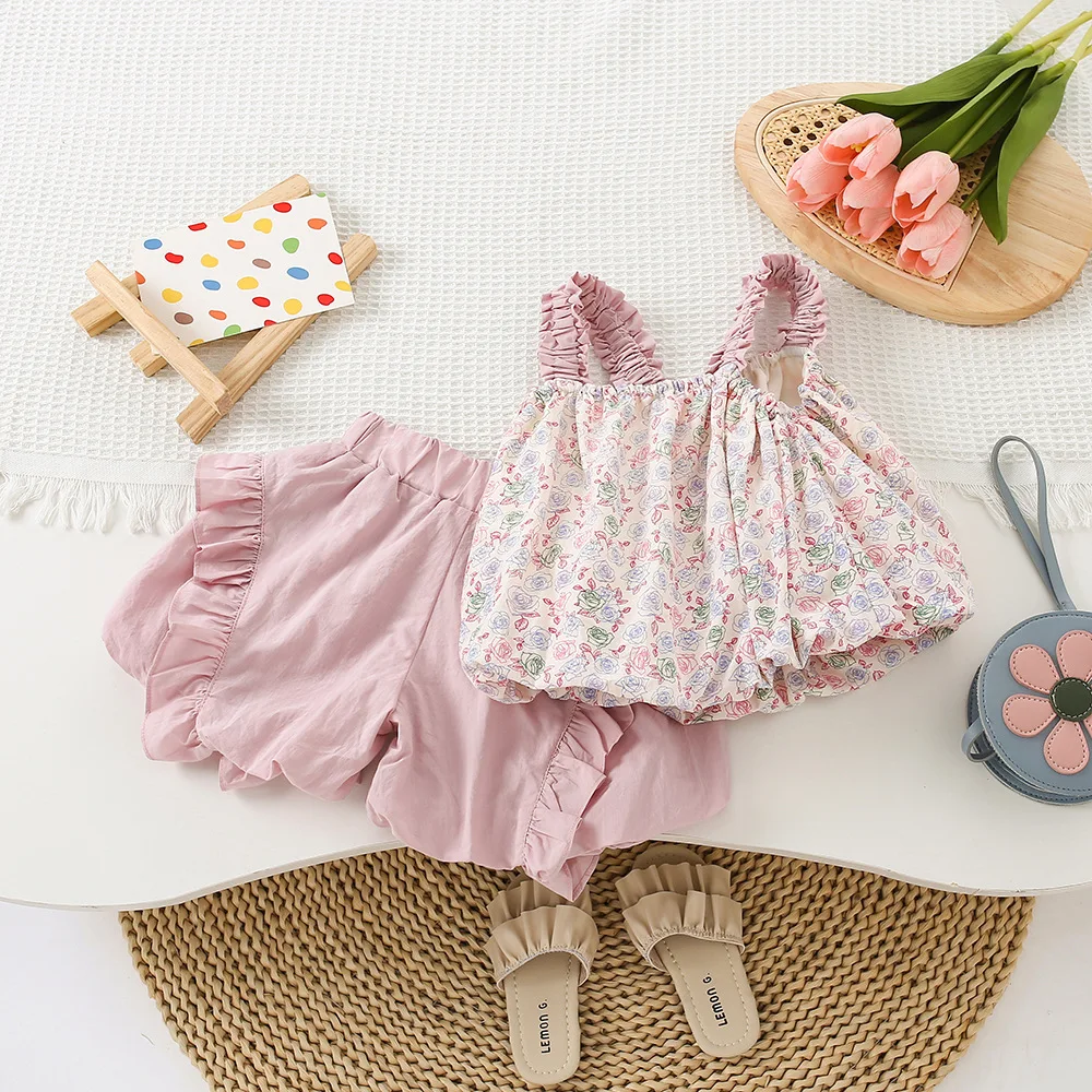 Girls Two-piece Set 2024 Summer New Childrens Clothing Fashion Pink Floral Suspender Bract Suit Casual Simple and Match