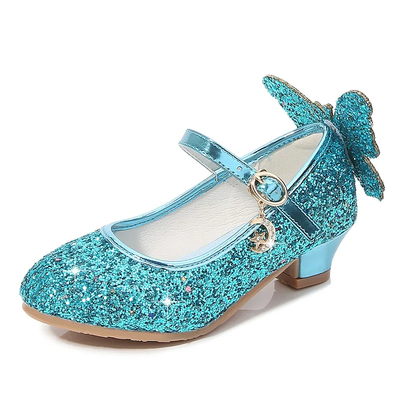 Bambini ragazza danza Glitter scarpe moda principessa farfalla scarpe in pelle bambini diamante Bowknot tacco alto ragazze vestito da partito scarpa