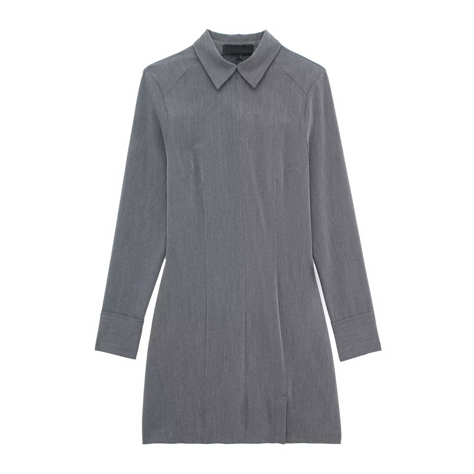 Tangada 2024 New Women Gray Shirt Dress Zipper Long Sleeve Ladies Office Dress 3H040