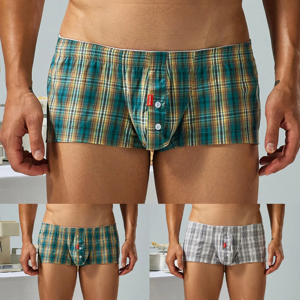 Men's Casual Plaid Cotton Boxer Shorts Underwear for Home and Sleepwear Featuring U Convex Pouch Trunks Design for Comfort