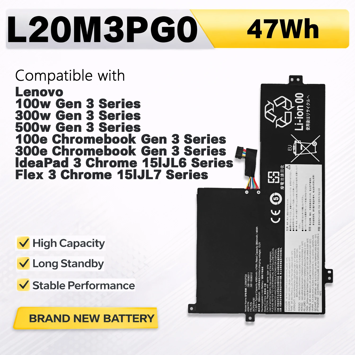 PowerHub L20M3PG0 11.52V 47Wh Battery For Lenovo ThinkPad 100w 300w 500w Gen3 100e 300e Chromebook Gen3 Replace L20C3PG0